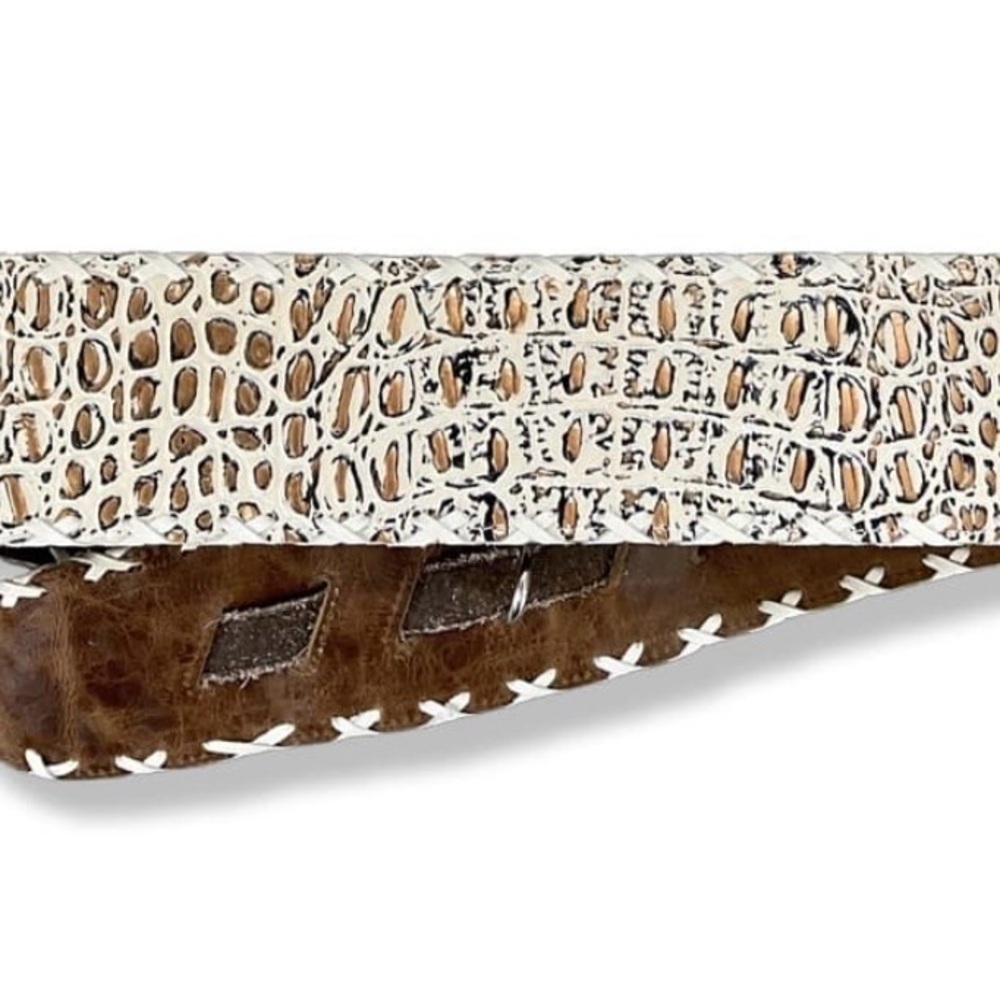 White and Brown Croc Embossed Belt, 3 inches wide - Picture 2 of 5